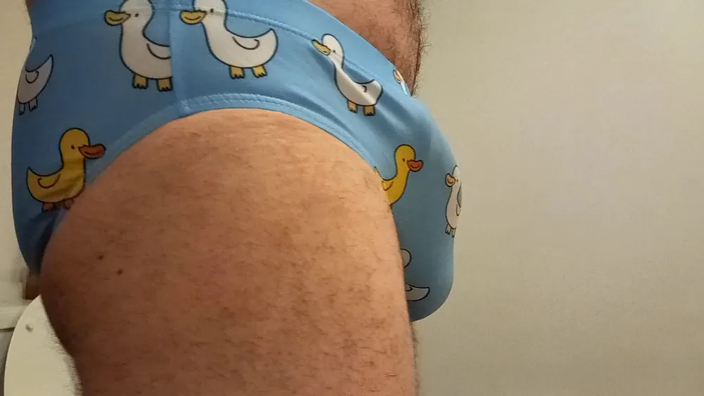 Small penis bulge cum in cute duck speedo, brief, trunks. #16