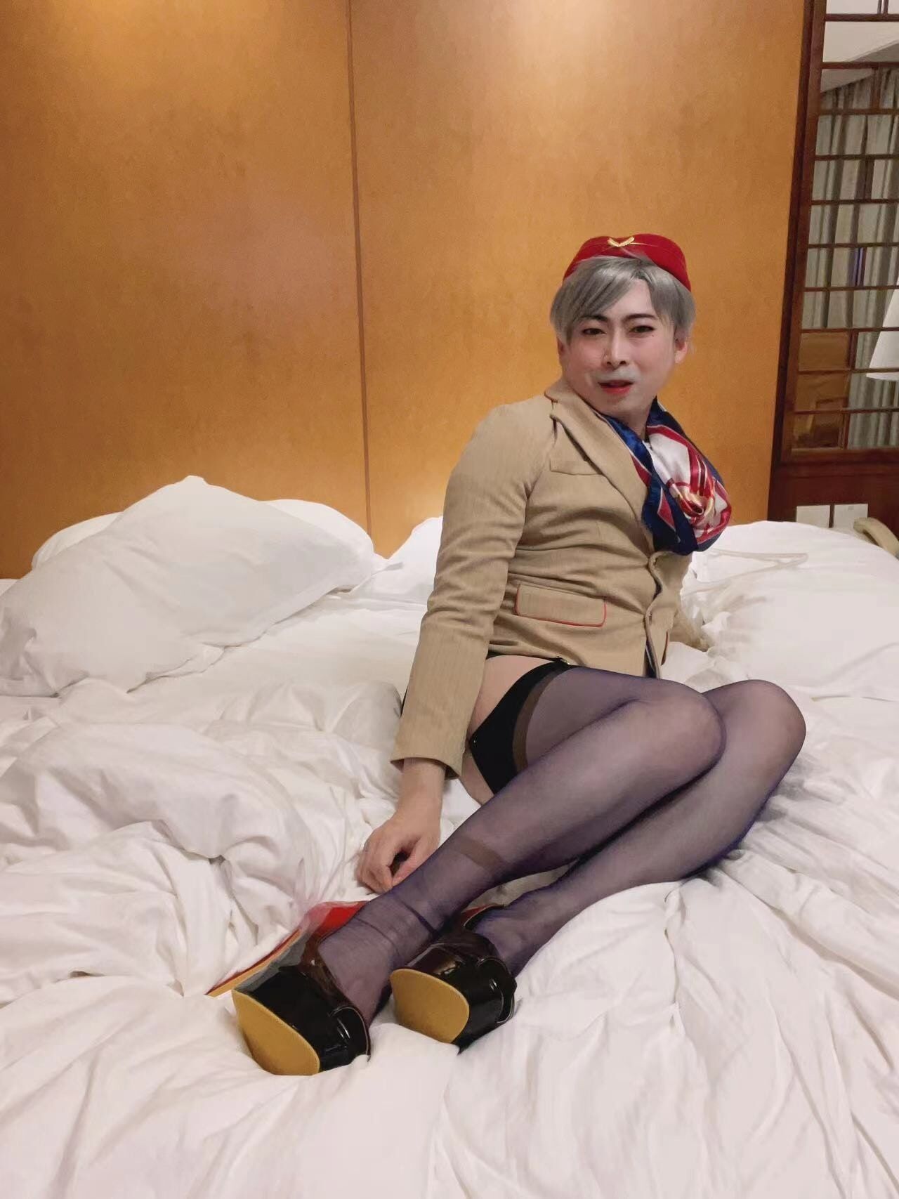 Asian femboy sissy in Emirates flight attendant dress #12
