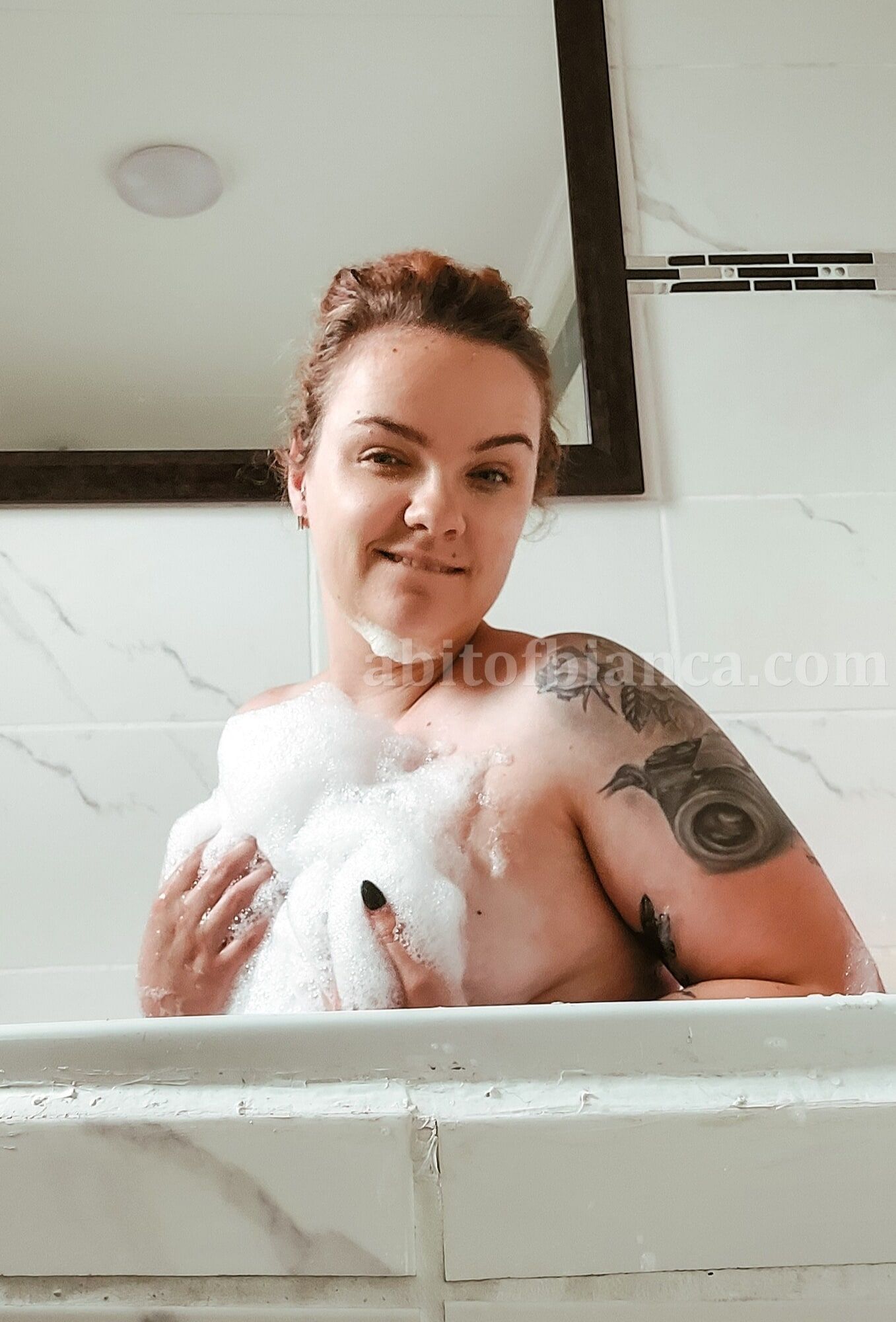 ABitofBianca hot tattooed redhead playing in a bubble bath #2