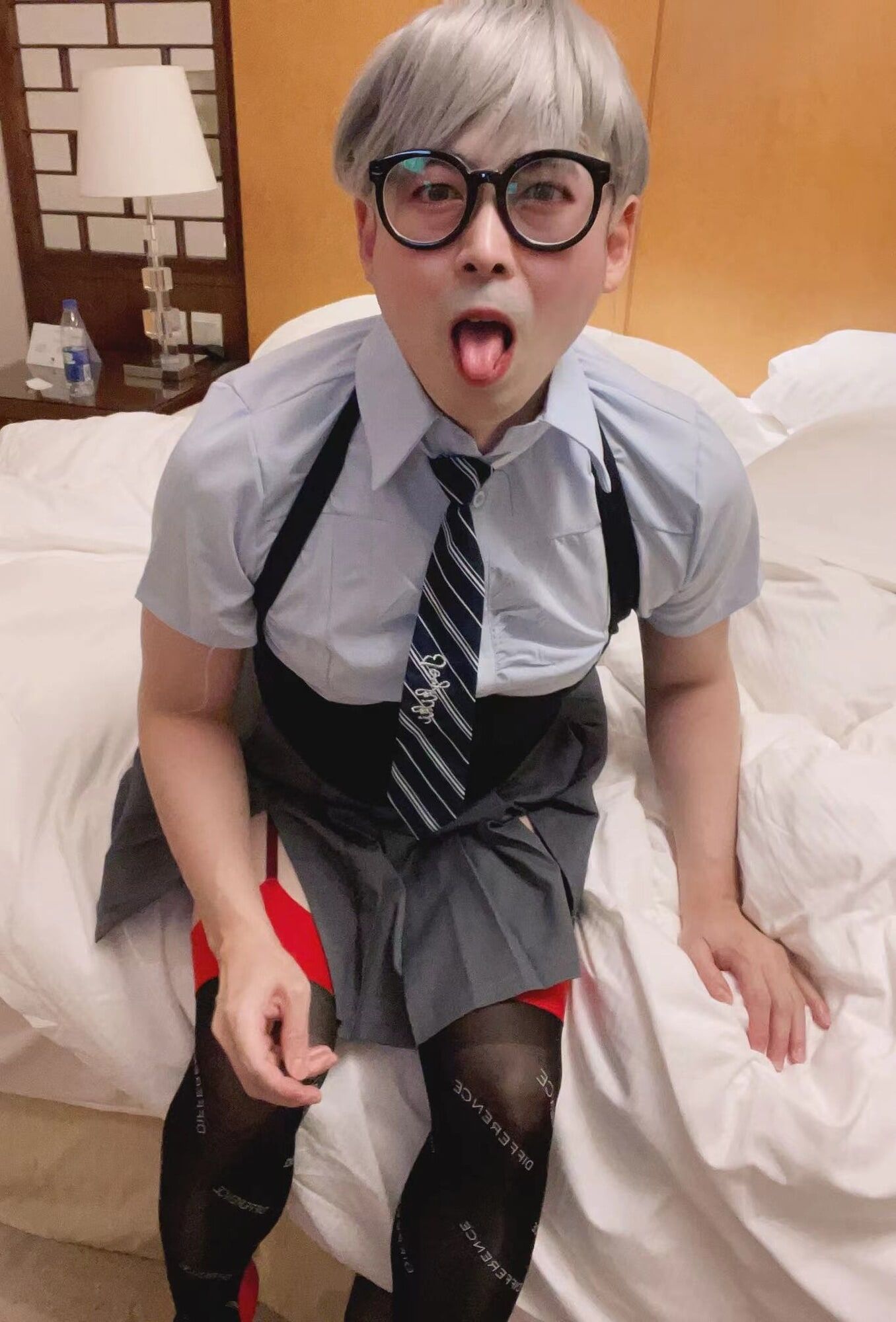 Asian sissy in school girl uniform and black stockings #8