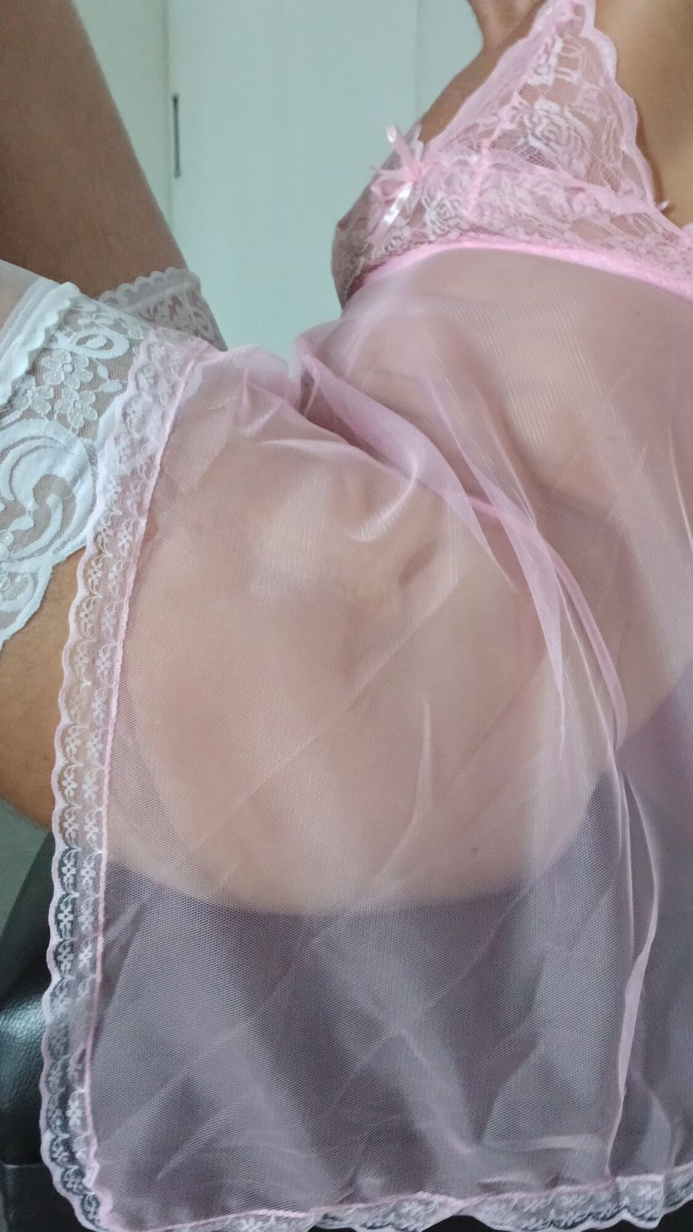 Transparent Pink nightie &amp;white stoking high heels  #36