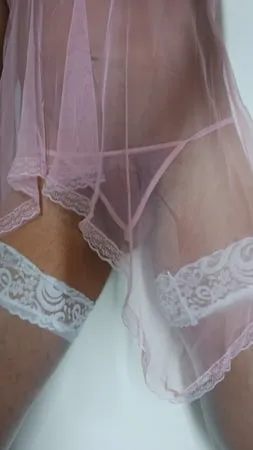 transparent pink nightie white stoking high heels         