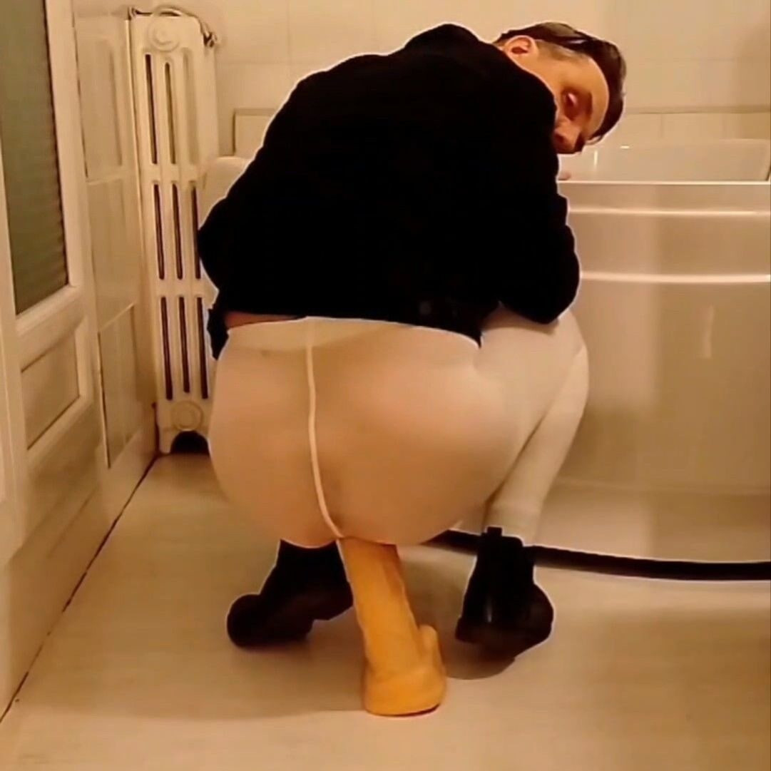 Dildo Riding in the Bathroom Wearing an Open White Pantyhose