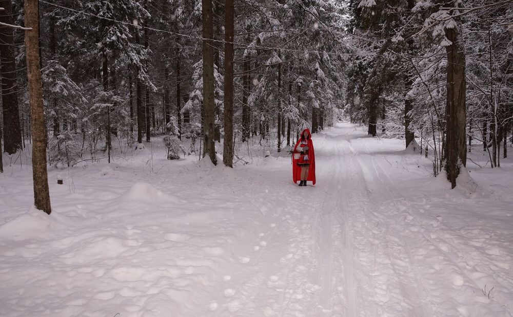 Little Red Hood in deep forest