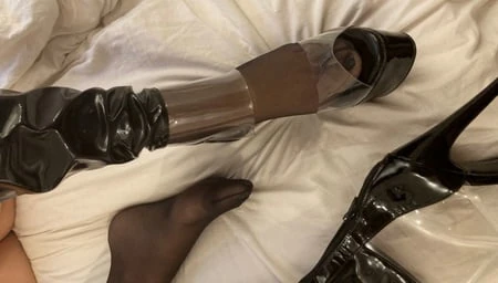 black and clear pvc porn high heel boots         