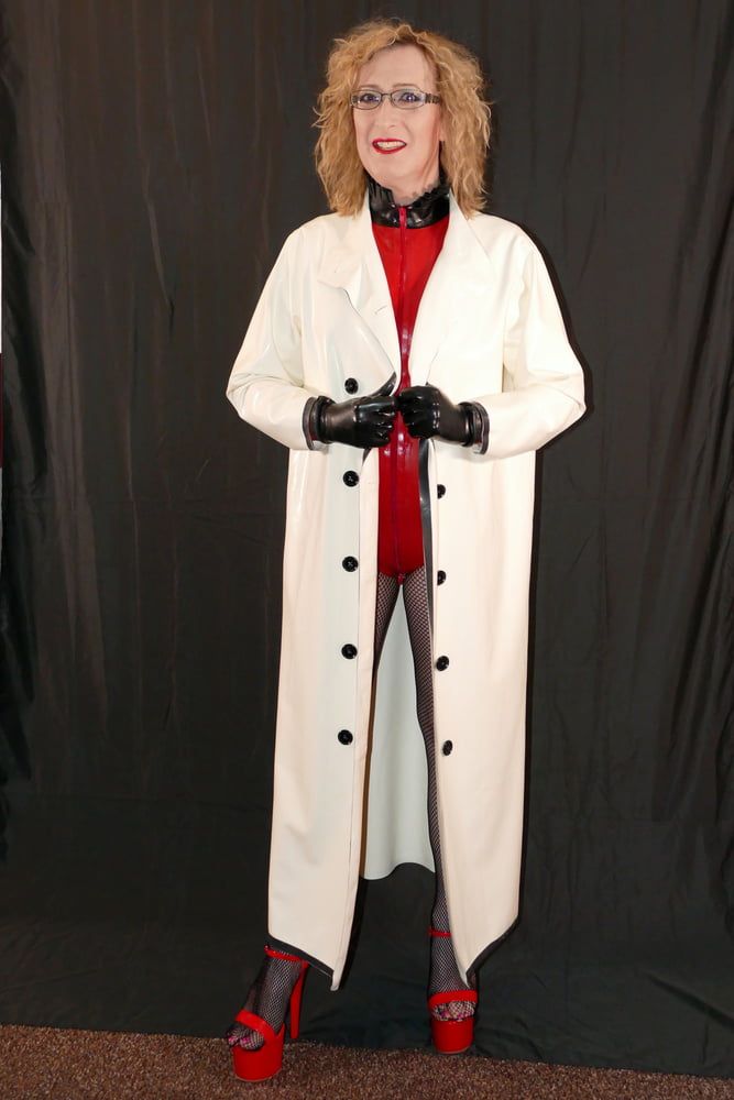 Latex Rubber Mackintosh Coat, Latex Bodysuit and Fishnets #2