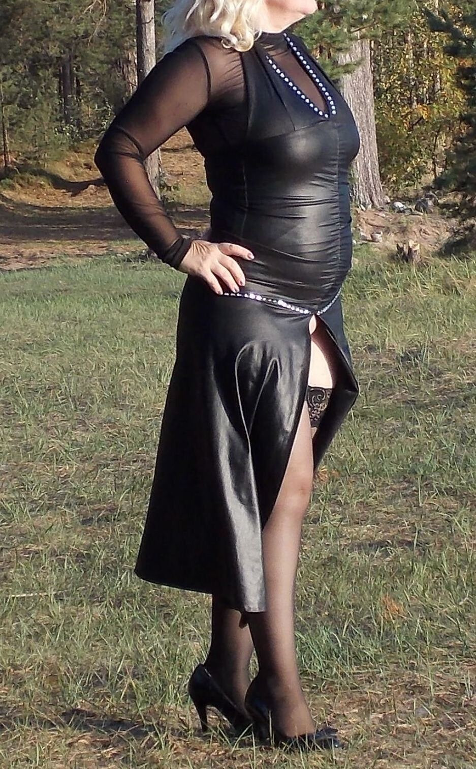 Leather dress - flash pussy #3