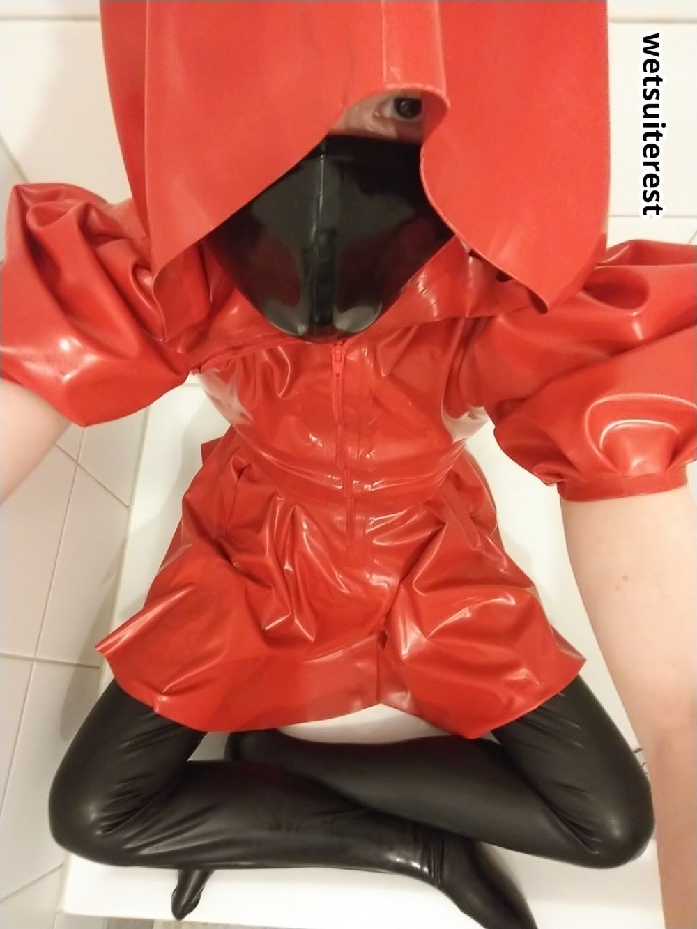 Red latex hooded swing dress and stockings #15