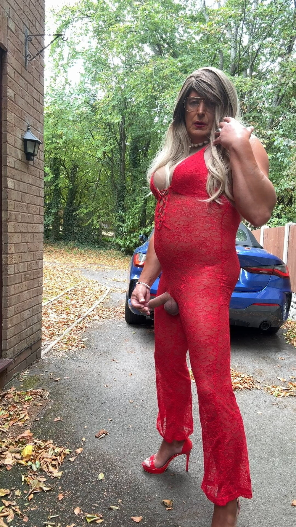 Sexy Crossdresser kellycd2022 in red lace jumpsuit and heels #21