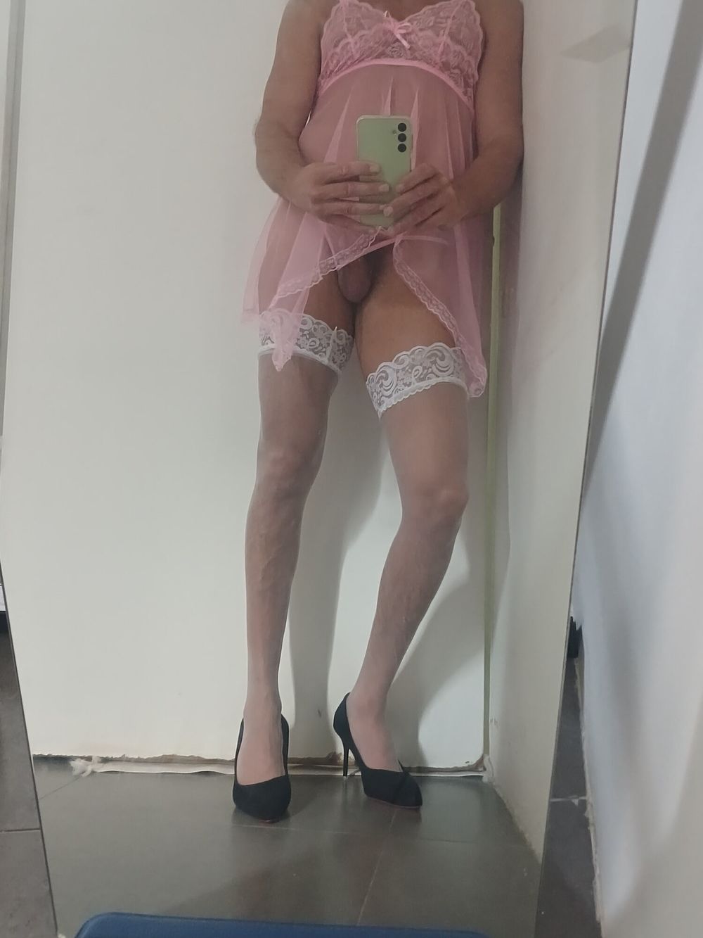 Transparent Pink nightie &amp;white stoking high heels #3