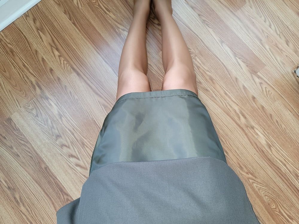 Lined green office pencil skirt with glossy pantyhose  #33