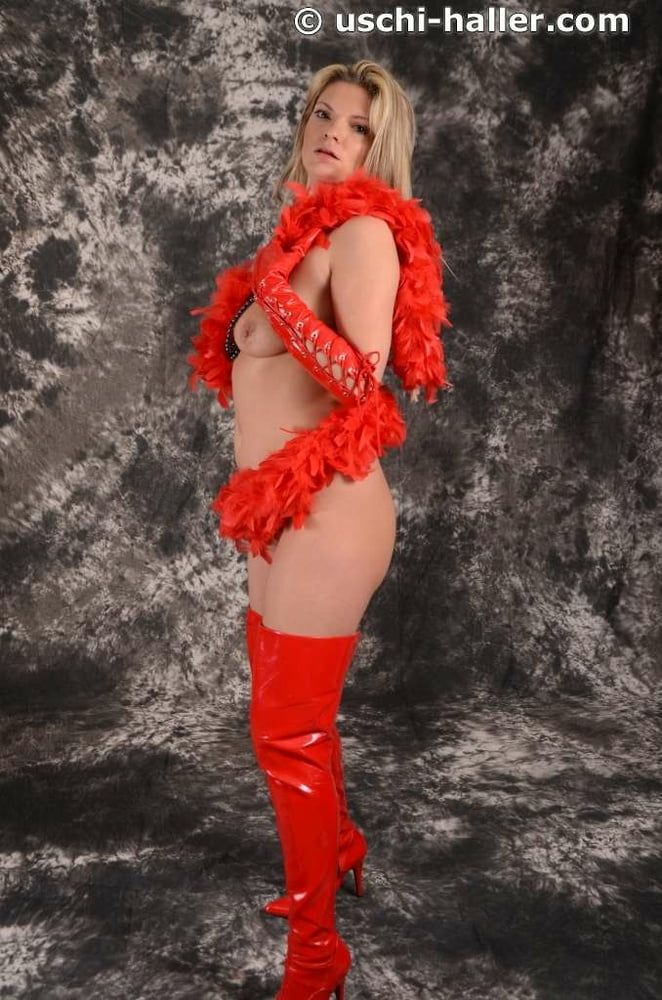 MILF Arabella May in red high boots, gloves & feather boa #35