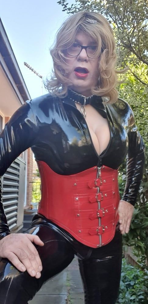 Rachel Wears a Catsuit and a Red Corset #3