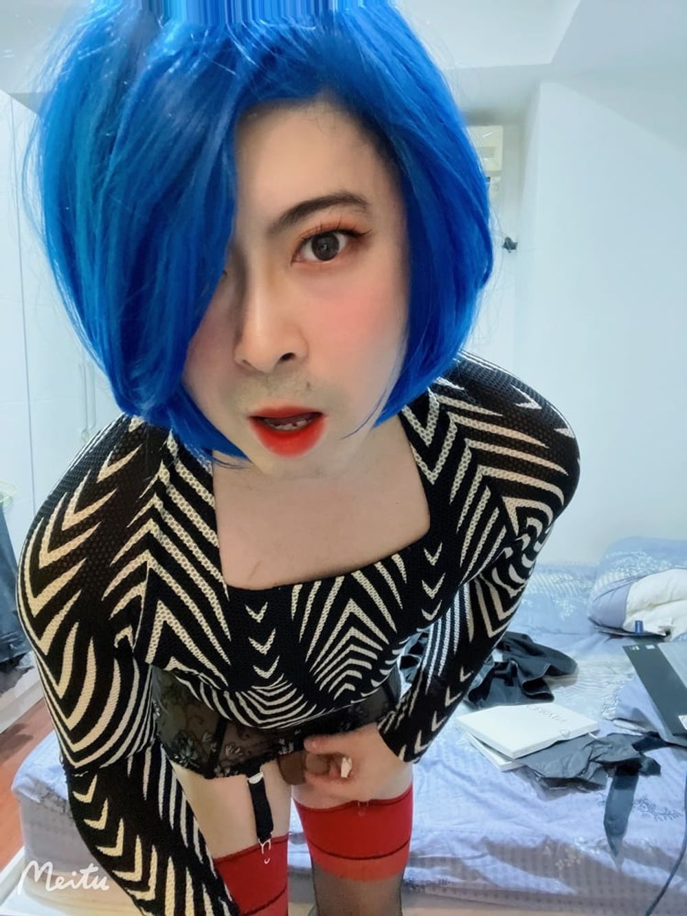 In blue wig and black stockings #4