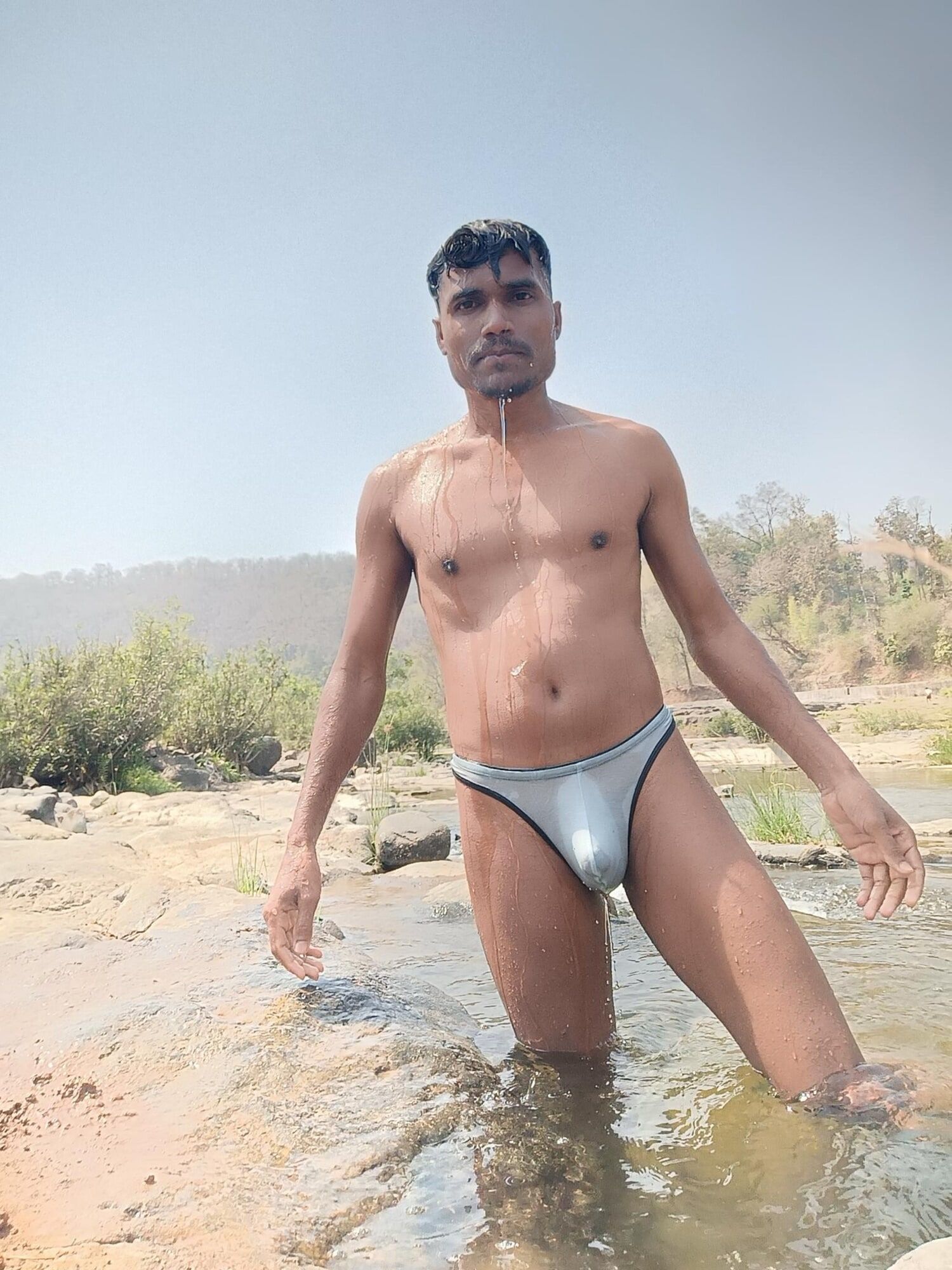 Hot muscular gym boy outdoor in river bathing enjoying swimm #8