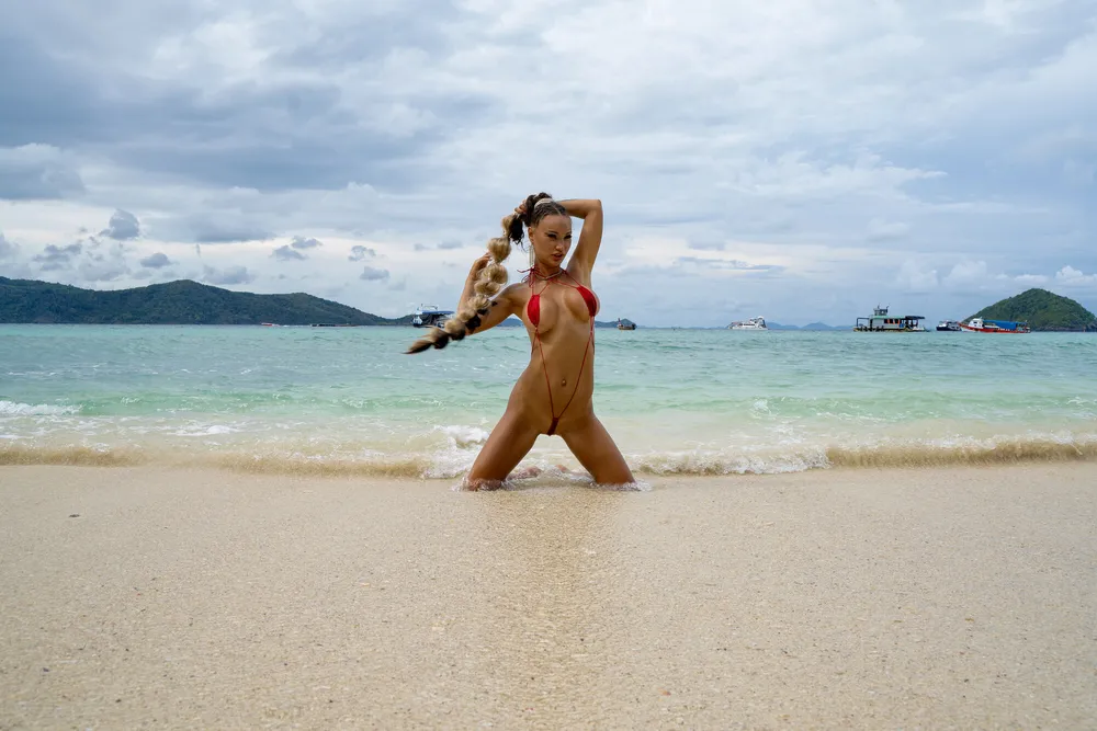 Hot Monika Fox With Braid In Red Mini Swimsuit On Beach #3