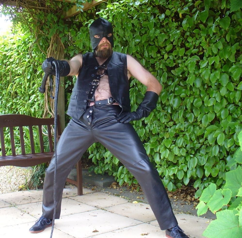 Leather Master outdoors in harness with whip #47