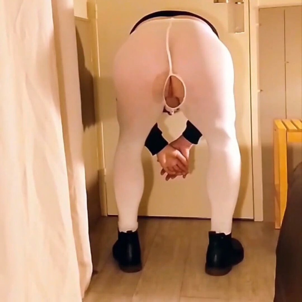 Cock stroking and anal play in white open pantyhose #18