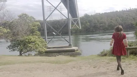 crossdess road trip red dress follow the river         