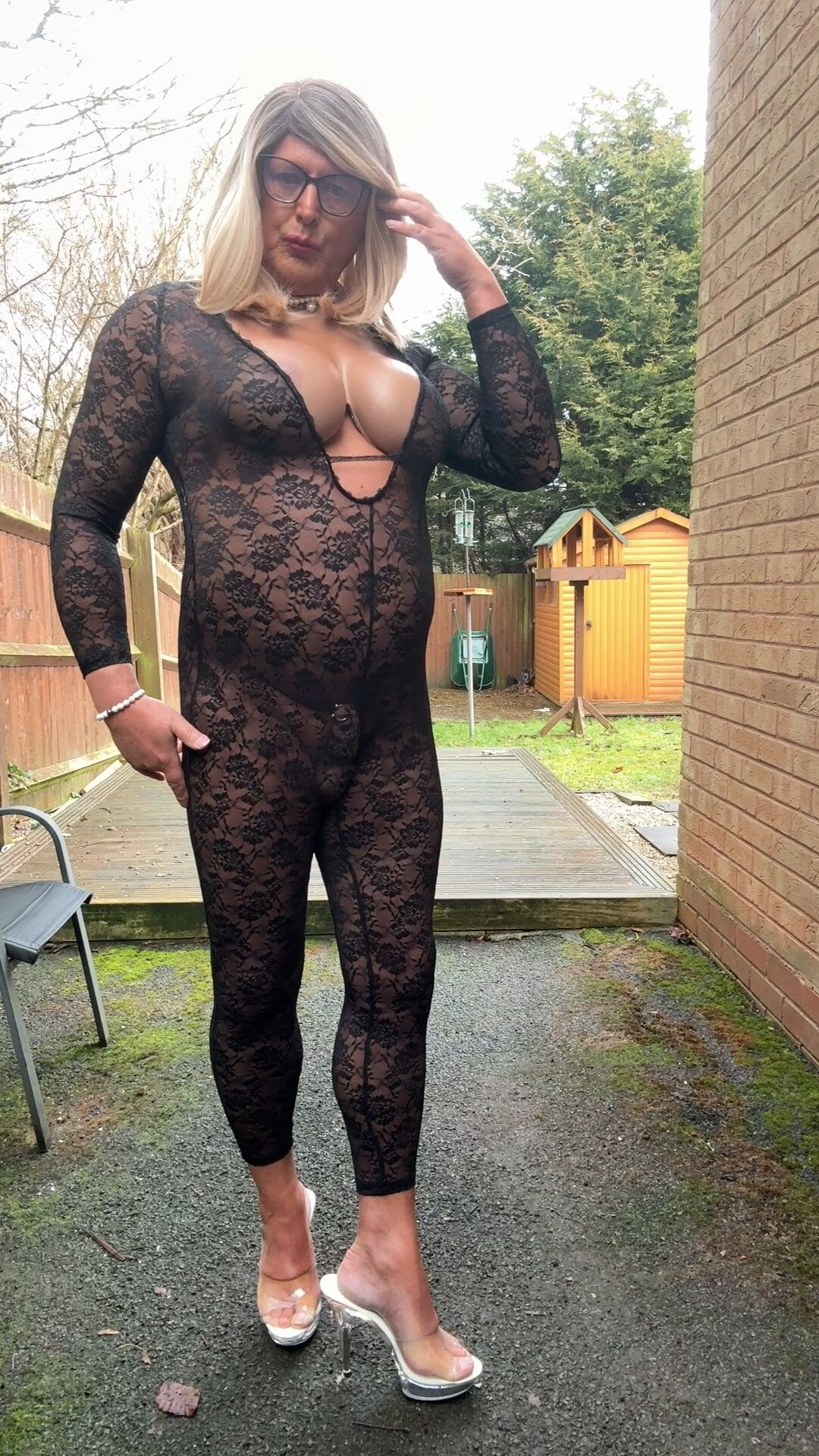 Sexy Crossdresser kellycd2022 in black lace catsuit  #52