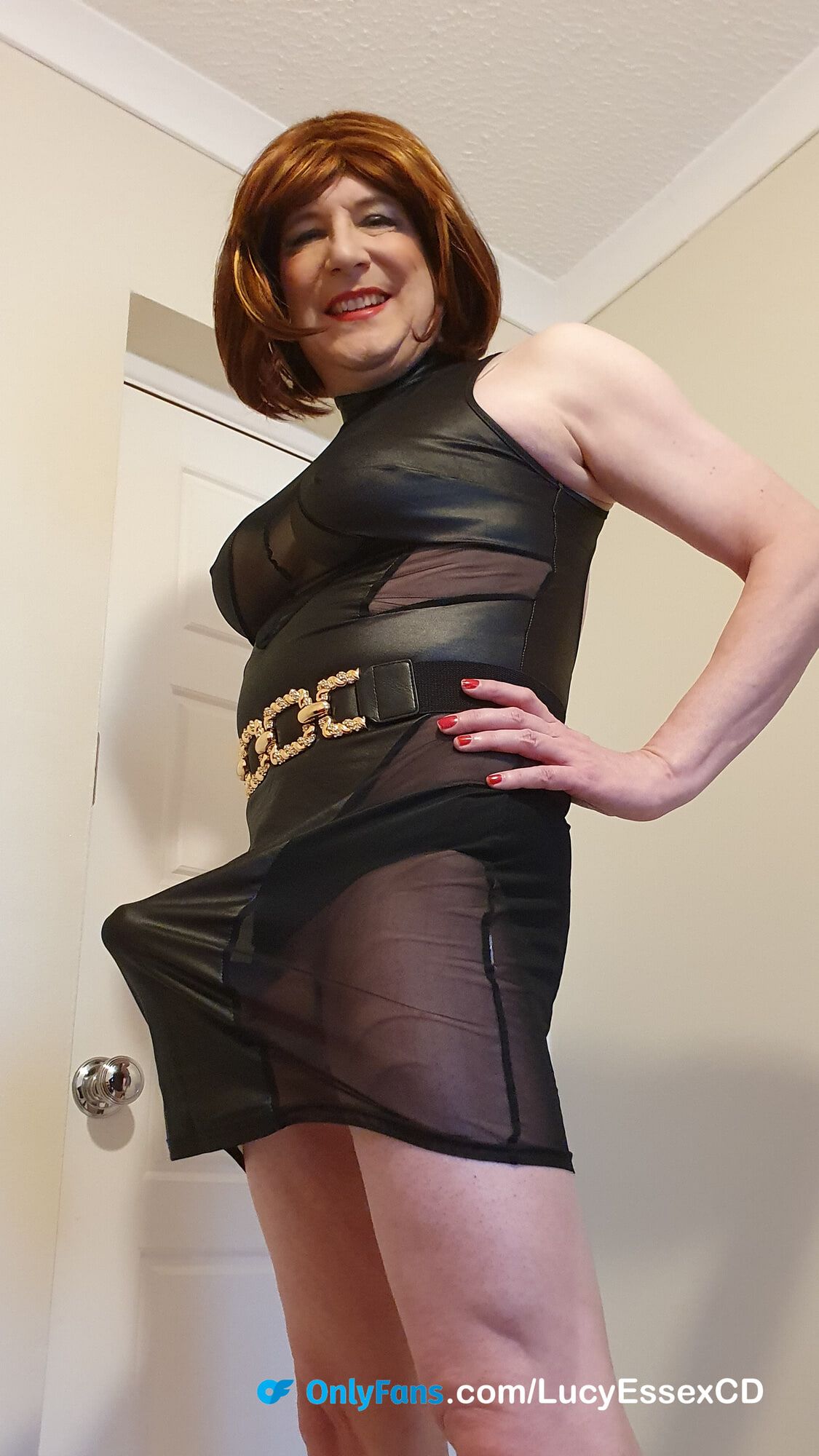 Big Cock TGirl Lucy in black mesh panel minidress #15
