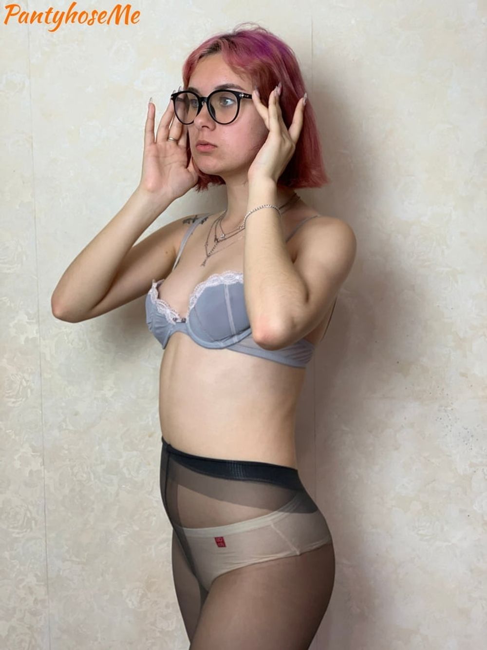 Nerdy Babe In Bra, Panties and Pantyhose #18