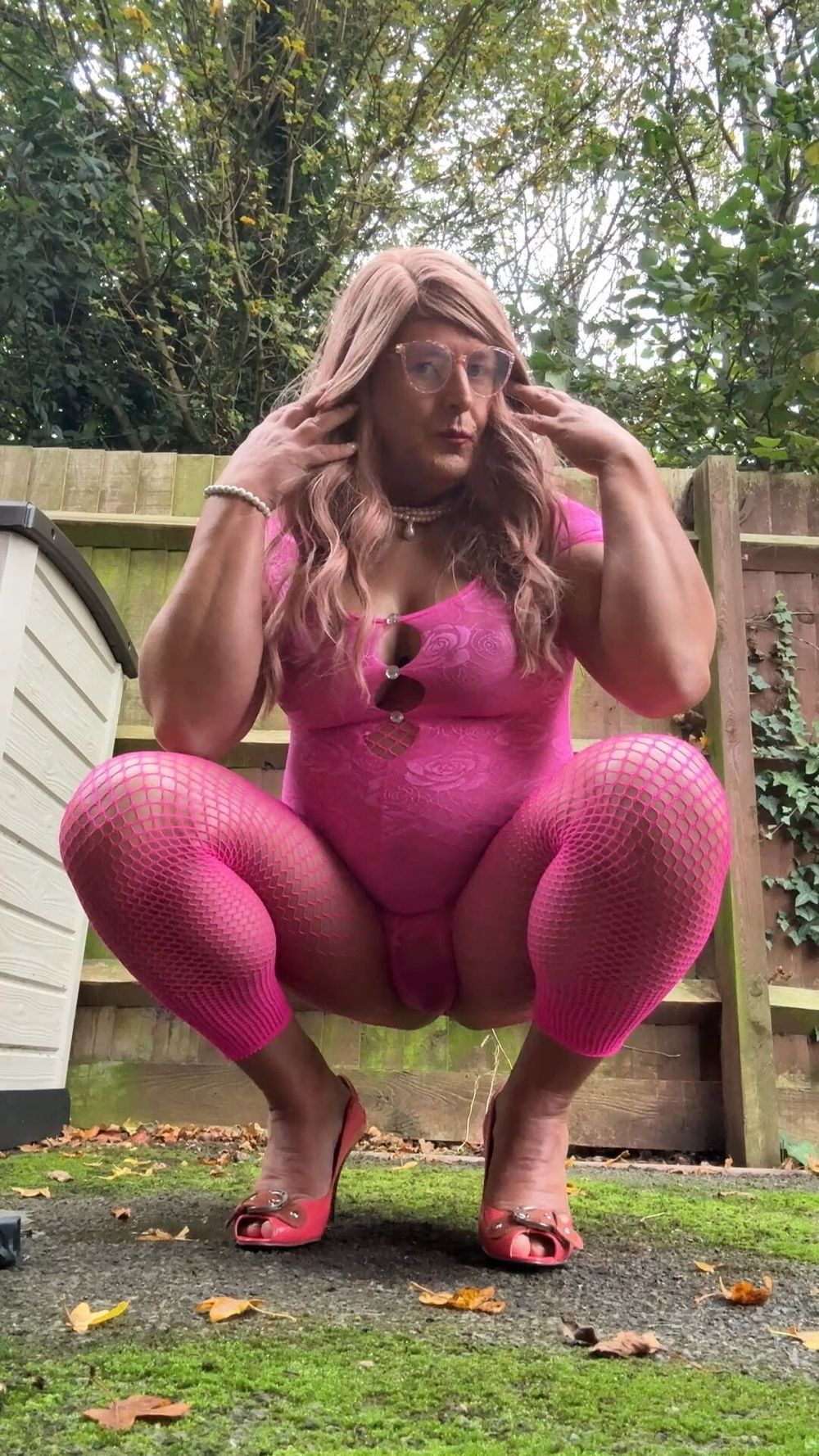 Crossdresser kellycd2022 in pink playsuit and fishnets  #59