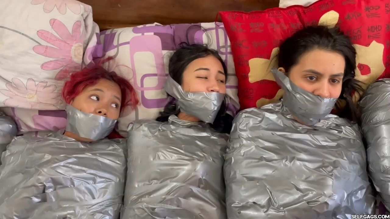 5 Mummified Girls Barefoot In Duct Tape Bondage #7