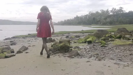 crossdess road trip red dress follow the river         