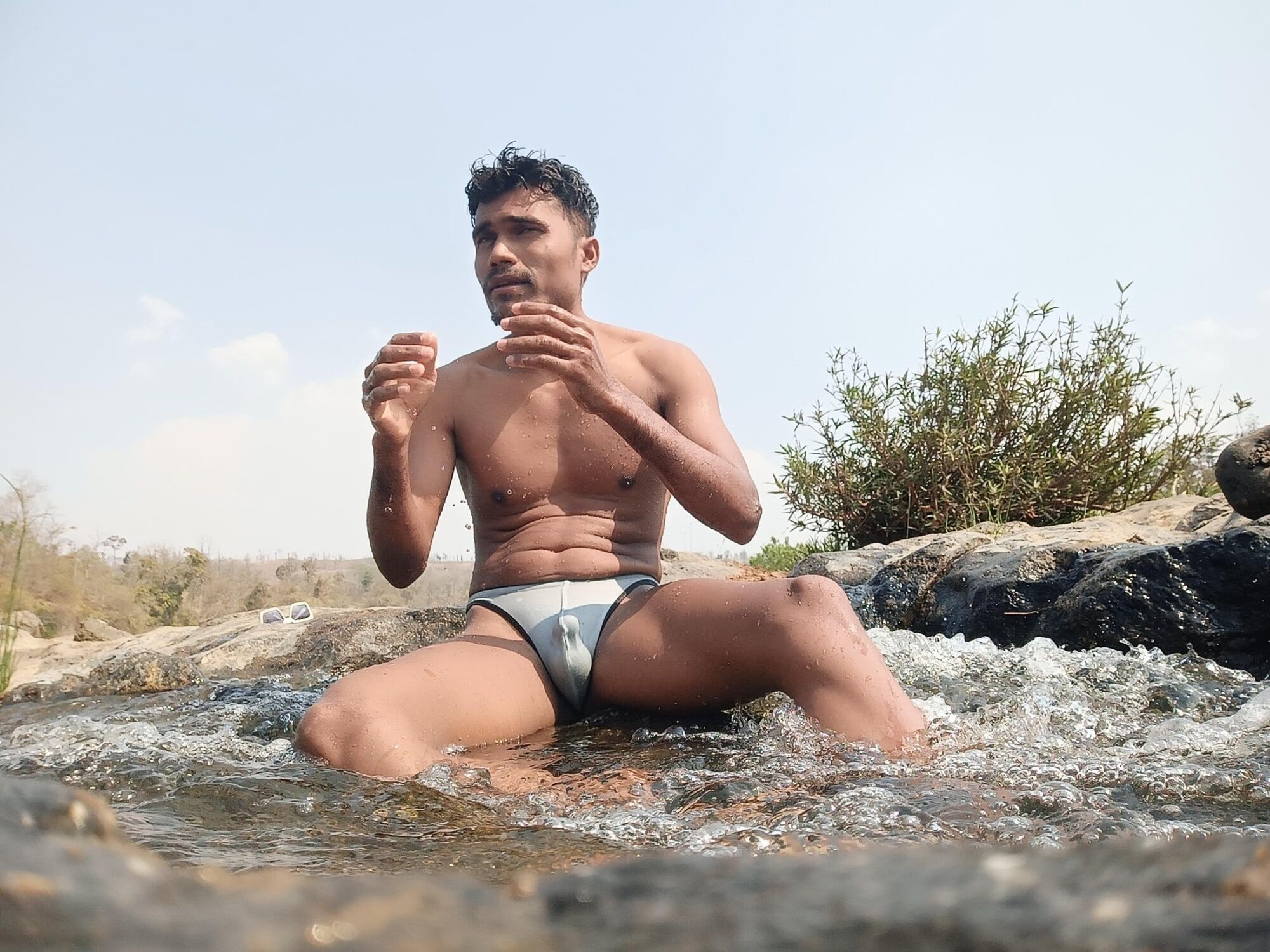 Hot muscular gym boy outdoor in river bathing enjoying swimm #38