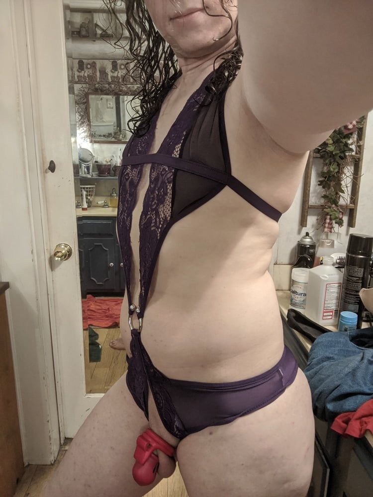 Purple Crotchless Lace and Chastity #18