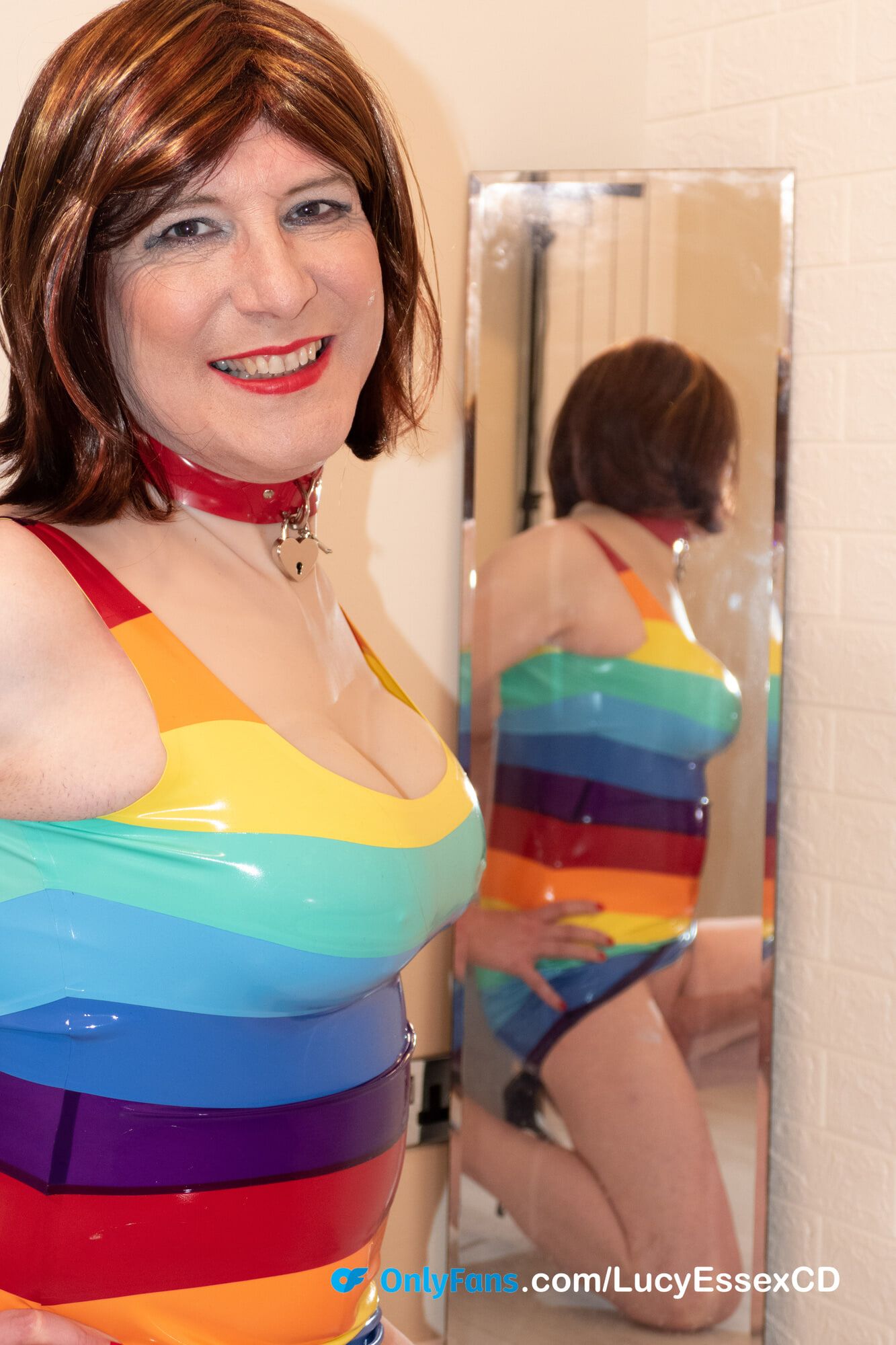 Big cock TGirl Lucy Essex CD new rainbow latex minidress #15
