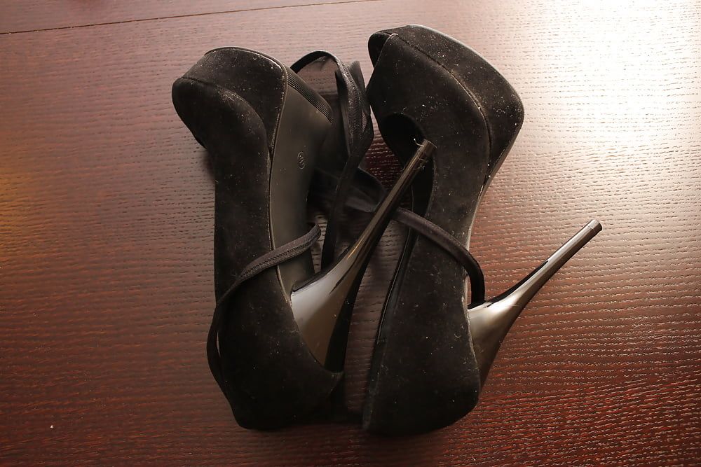All black:heels, panties, suspenders, stockings, dress, cum #16