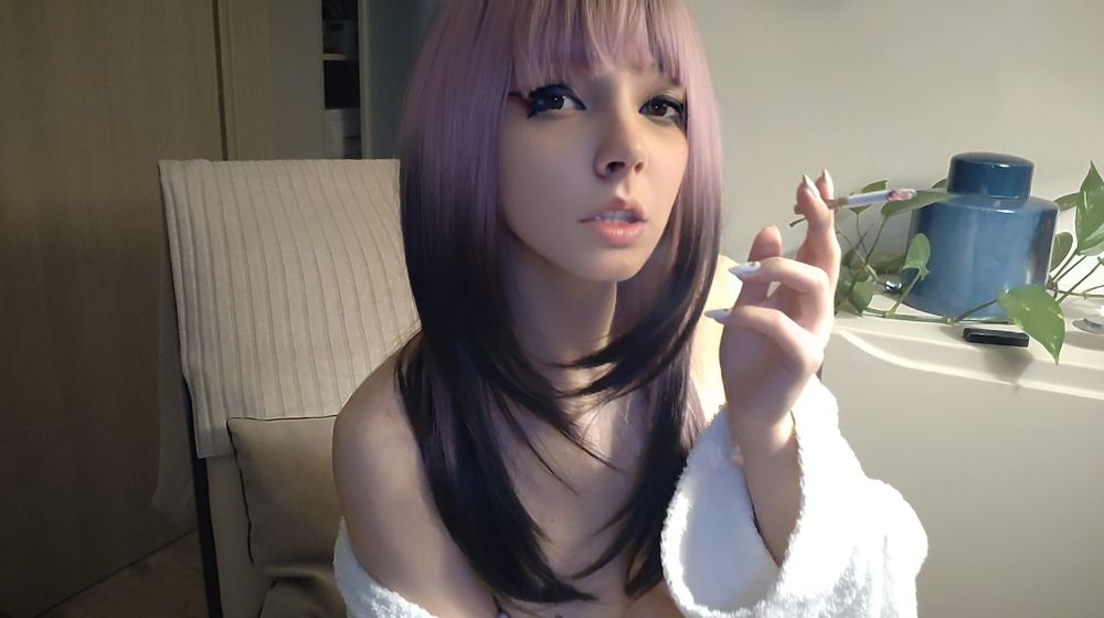 Small titties Egirl in bathrobe smoking #6