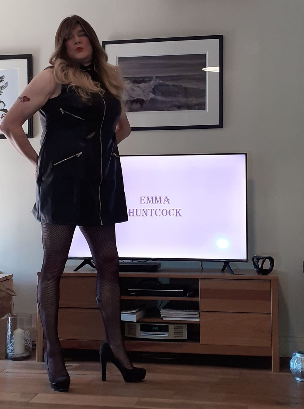 crossdressed in black leather dress #3