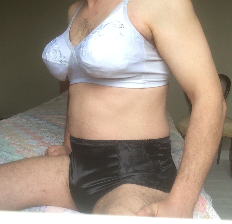 Wearing my wife's white bra and black knickers. #6
