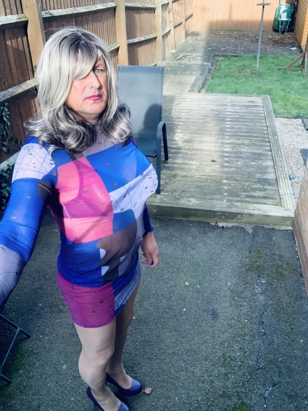 Crossdresser Kellycd in multi colour see thru dress and seam #17