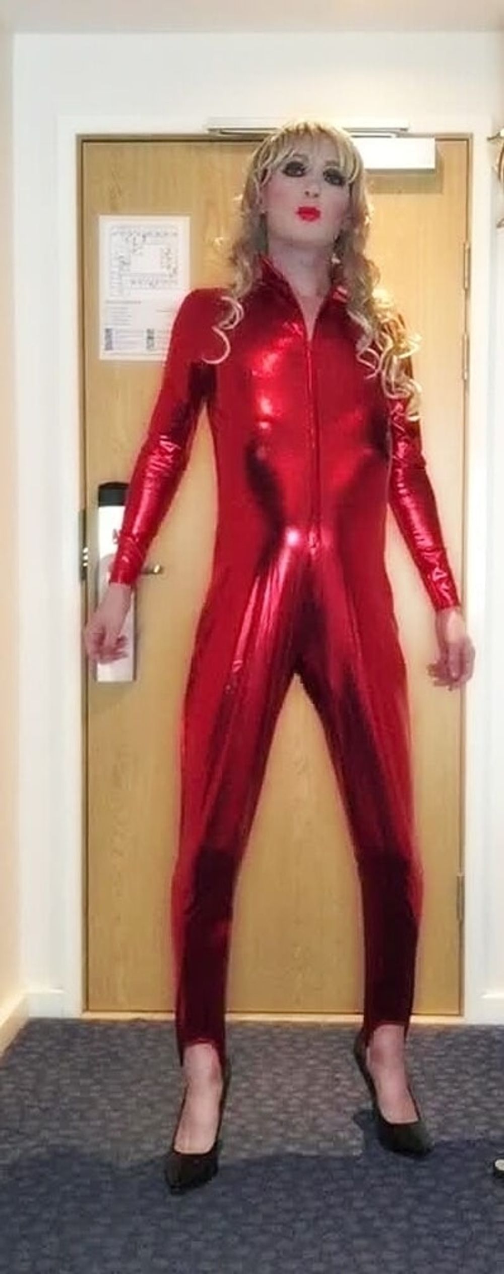 Sissy red shiny catsuit #23