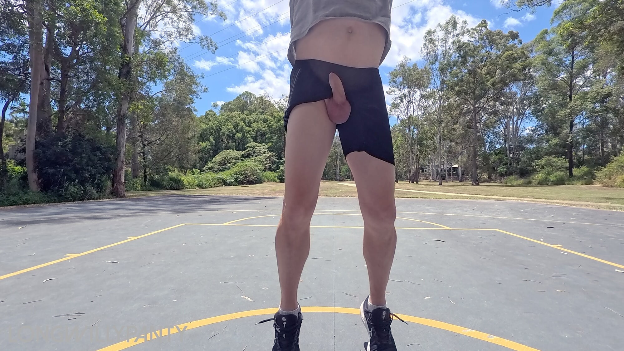 Straight guy hanging out his uncut cock at the public space. #9