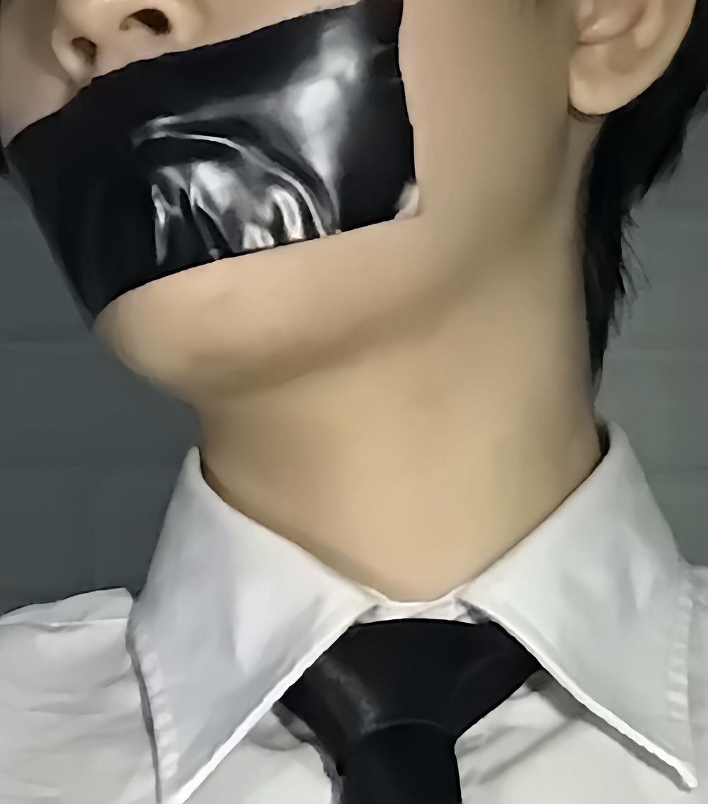 Wearing a white shirt and shiny black tie, gagged with duct  #11