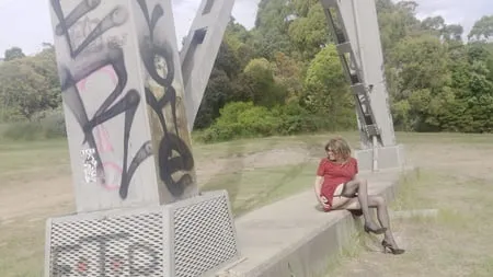 crossdess road trip red dress follow the river         