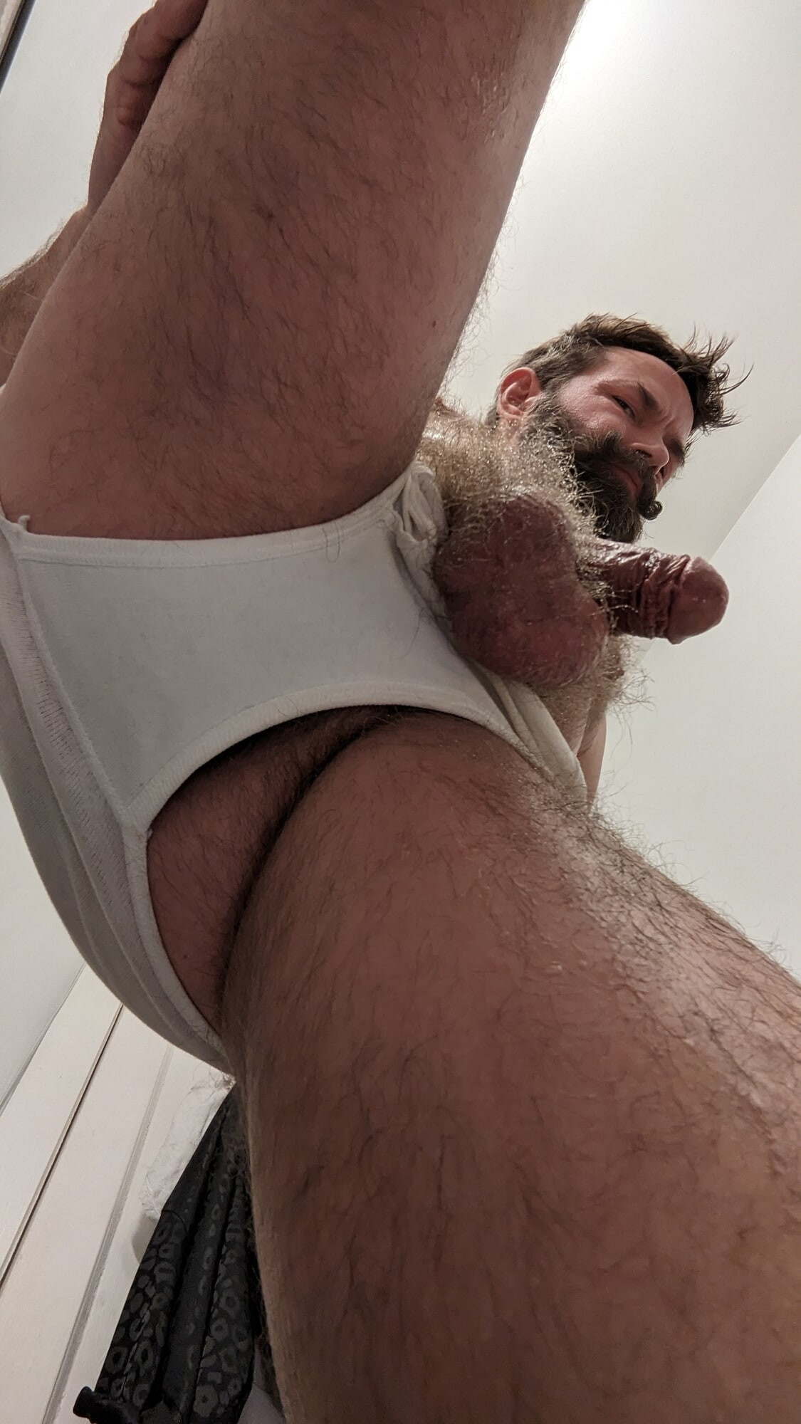 Getting sweaty and showing off my cock in white briefs 