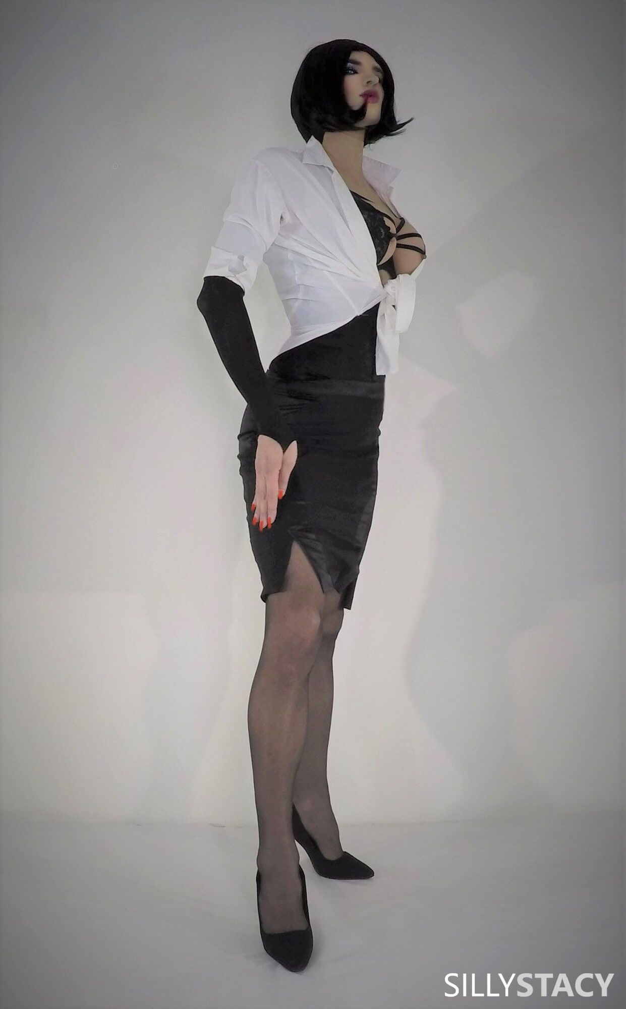 Stacy crossdresser put on secretary dress and fun with dildo #2