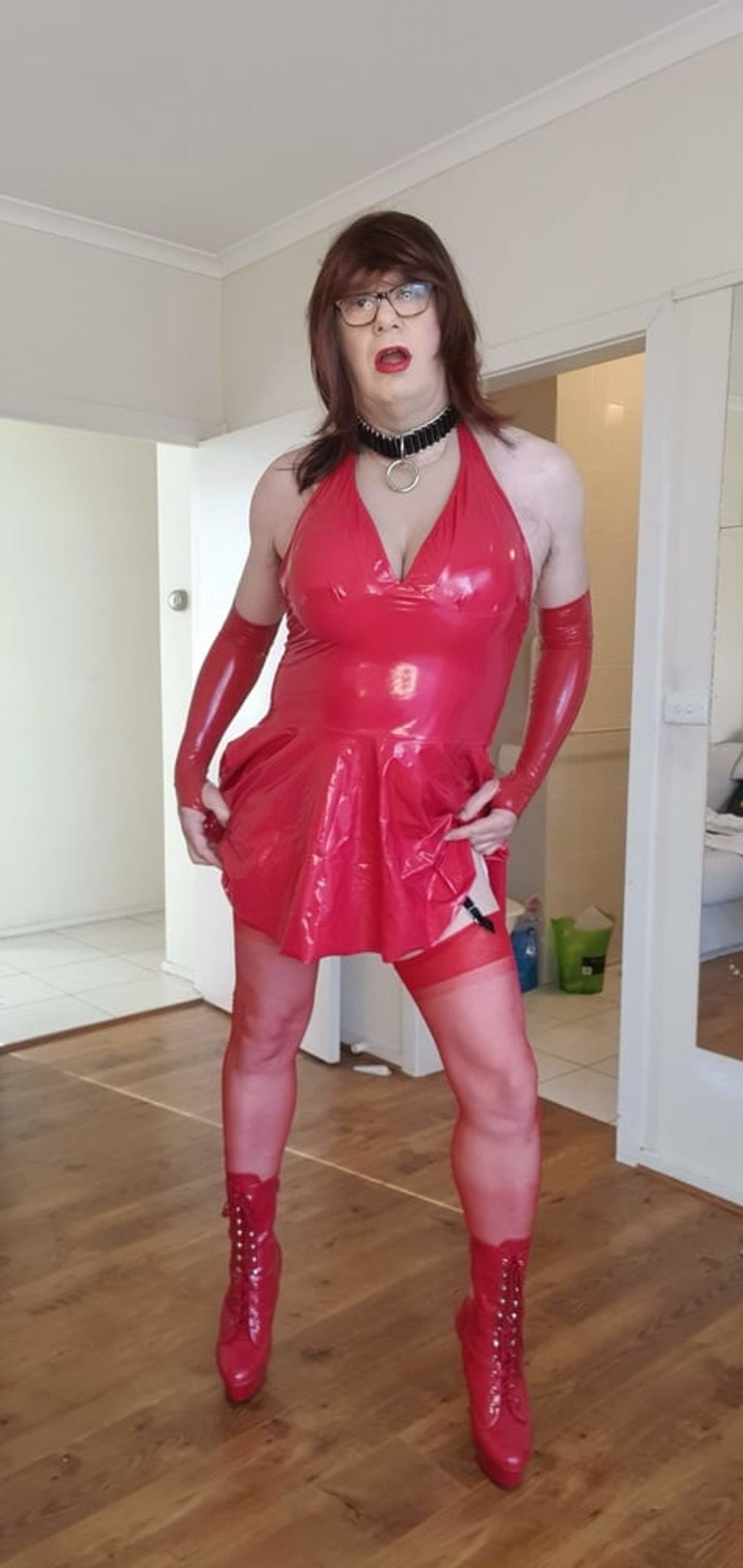 Rachel Wears Red PVC Dress #15