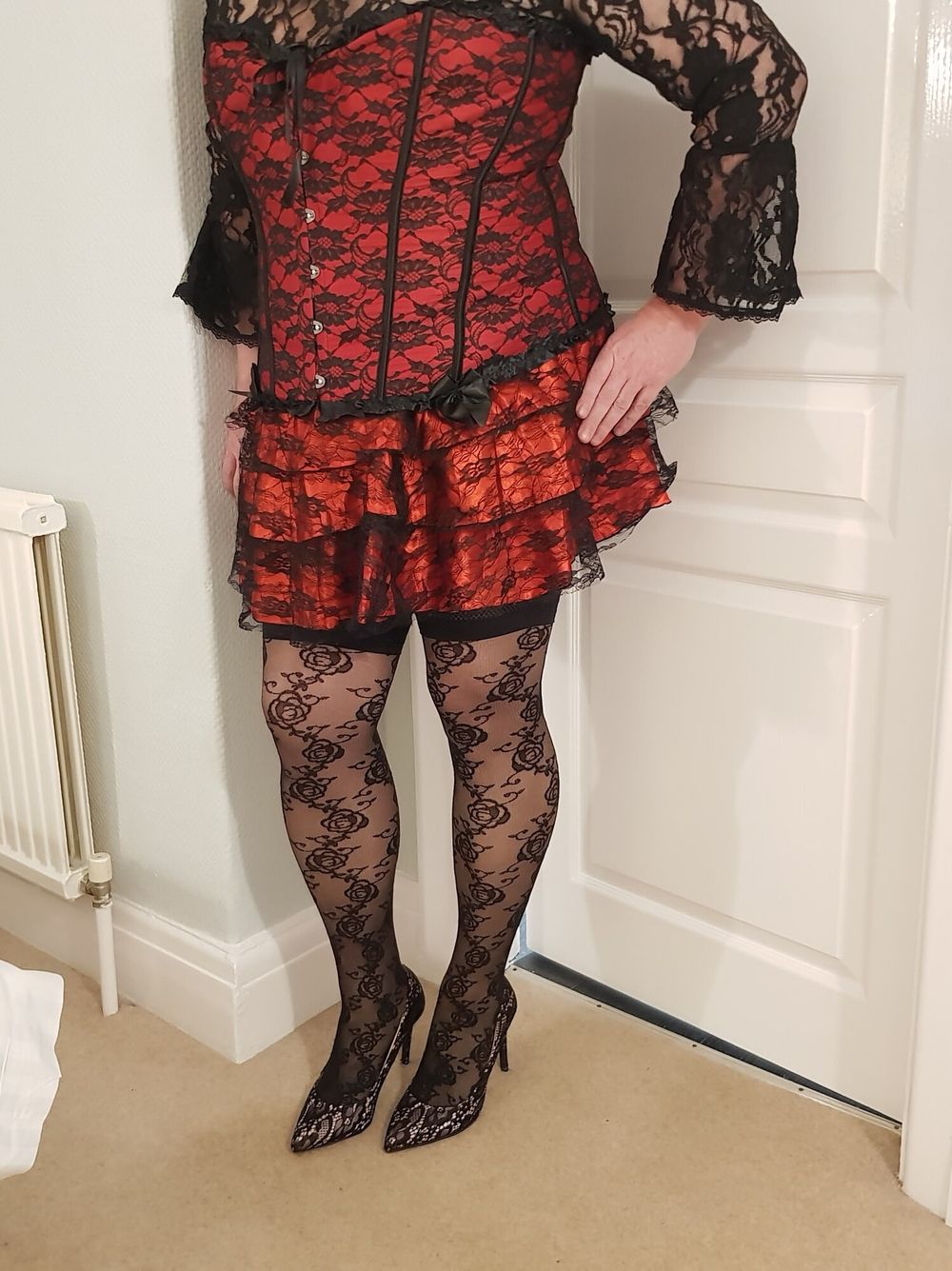 Crossdressing in floral lace lingerie, skirt and heels #4