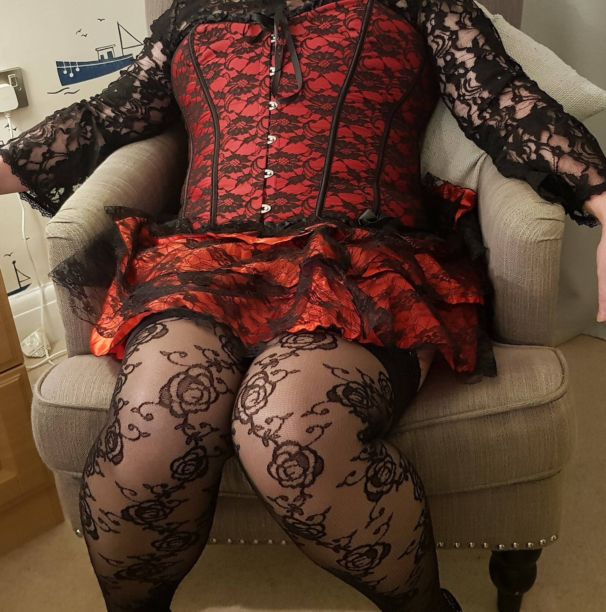 Crossdressing in floral lace lingerie, skirt and heels #11