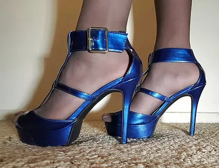 pantyhose and shiny blue heels        