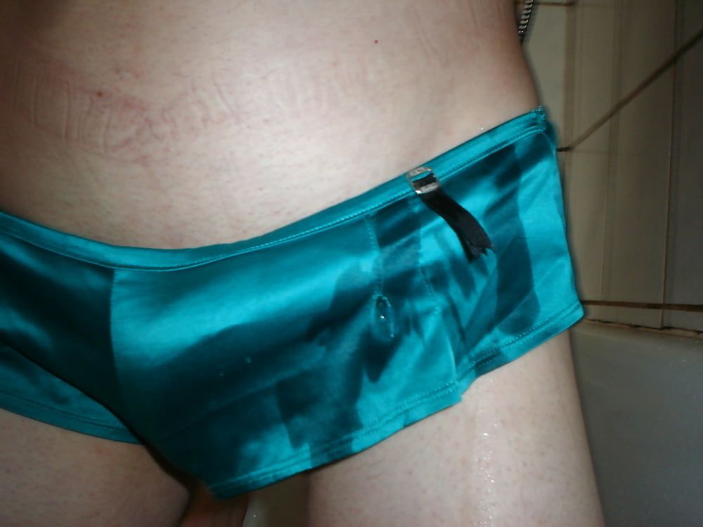 Leatransteen peeing and cum in Green Satin Lingerie 