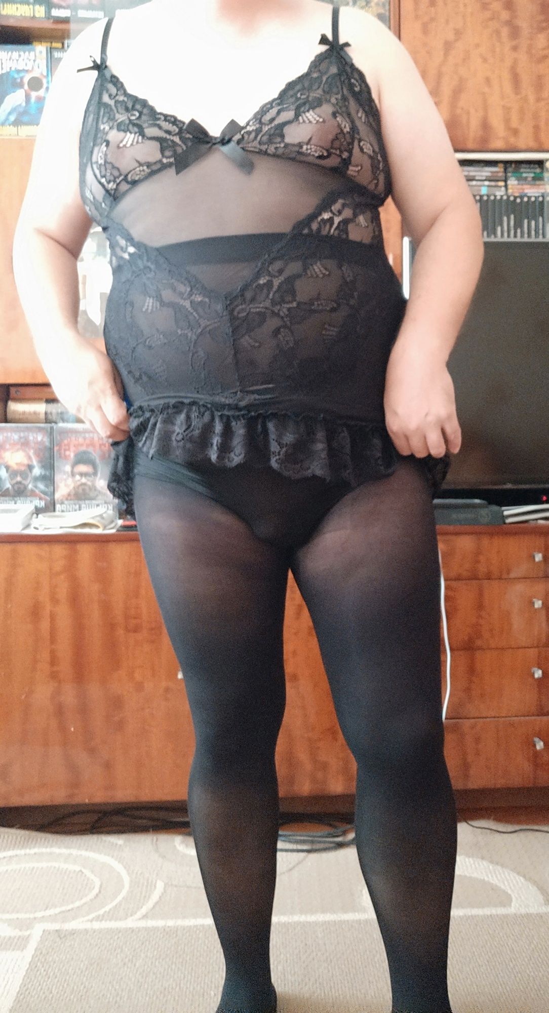 Sissy posing small tits in black nightwear #39