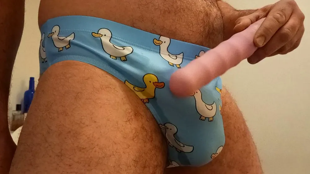 Small penis bulge cum in cute duck speedo, brief, trunks. #31